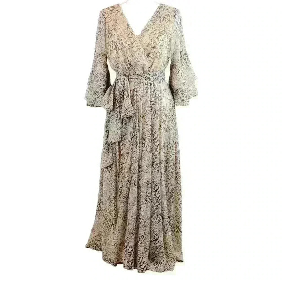 NWT Une Ami Beige & Gold Leopard Print Sheer Maxi Dress Bell Sleeves Size Medium - Picture 1 of 10